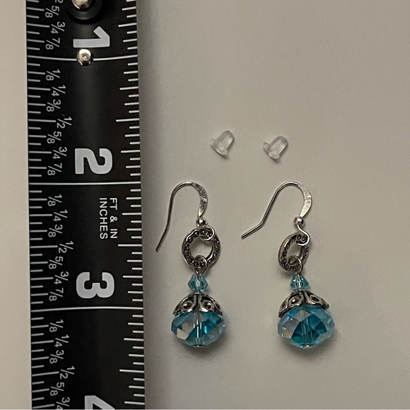Sky Blue Faceted Bead Ball Drop Dangle Earrings Silver Tone 1.25” - Picture 3 of 3